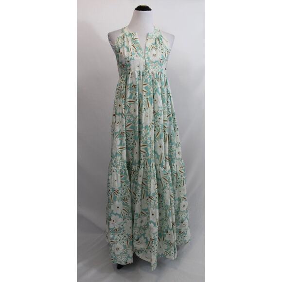 ALOHA MARINA Sz S Small Light Blue Flora Kona Maxi Dress Cotton - Picture 1 of 10
